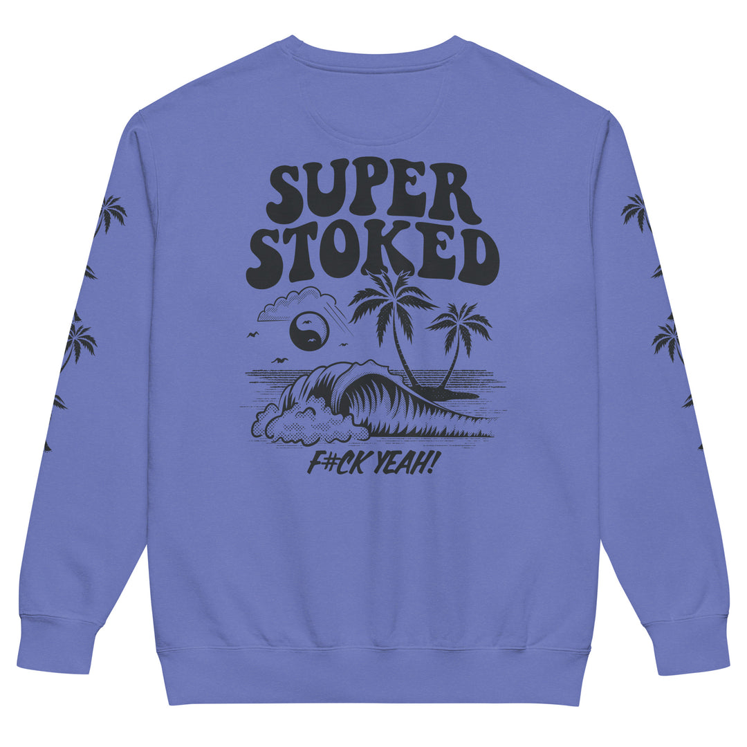 Island Peak Unisex Garment-Dyed Sweatshirt in Flo Blue, back view — Super Stoked