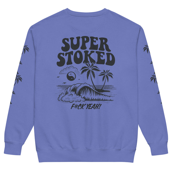 Island Peak Unisex Garment-Dyed Sweatshirt in Flo Blue, back view — Super Stoked