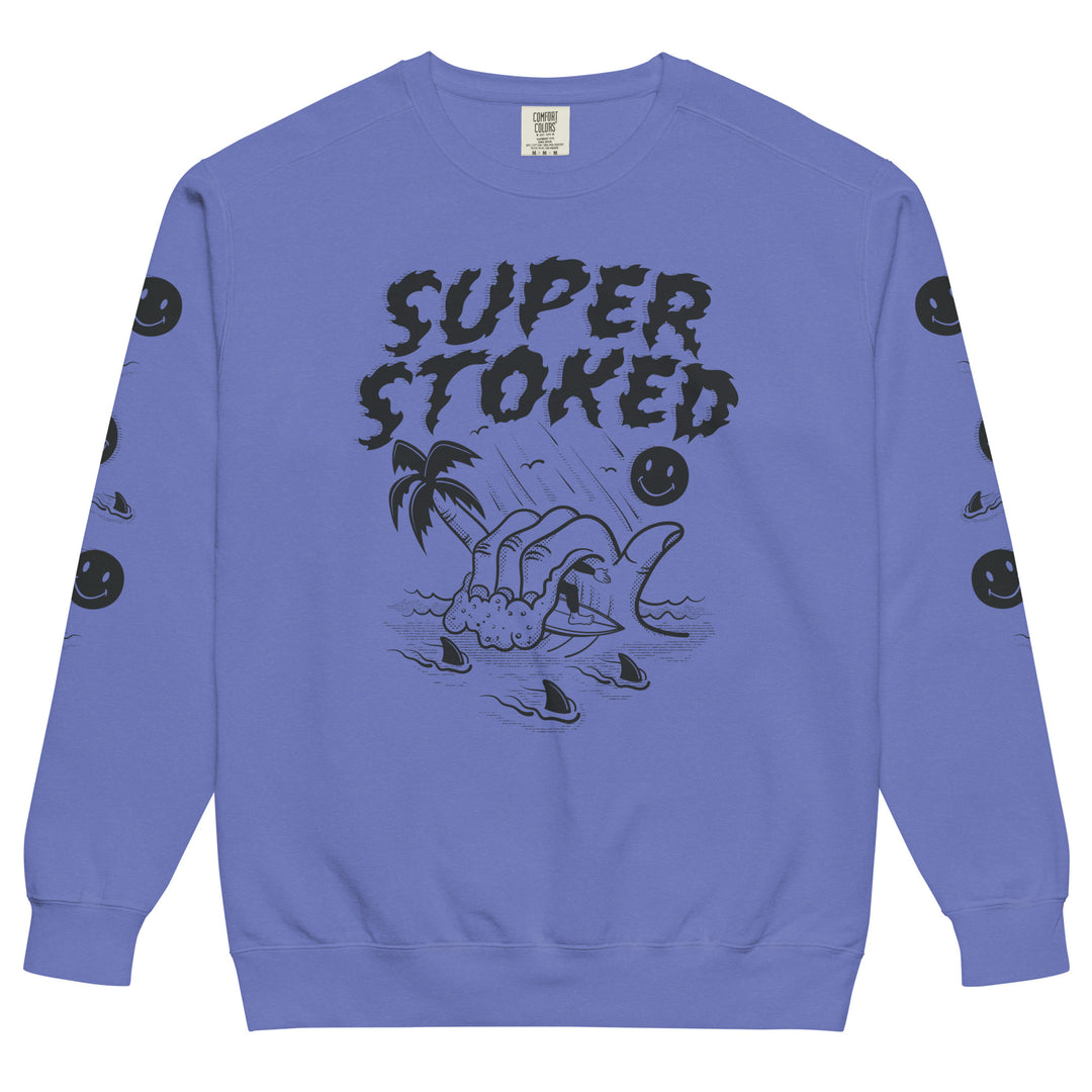 Sharker Barrel Unisex Garment-Dyed Sweatshirt in Flo Blue, front view — Super Stoked
