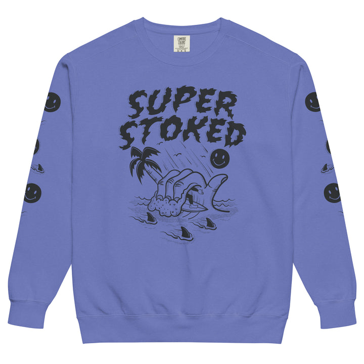 Sharker Barrel Unisex Garment-Dyed Sweatshirt in Flo Blue, front view — Super Stoked