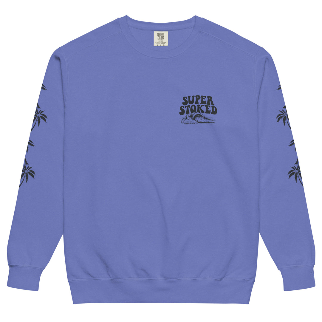 Island Peak Unisex Garment-Dyed Sweatshirt in Flo Blue, front view — Super Stoked