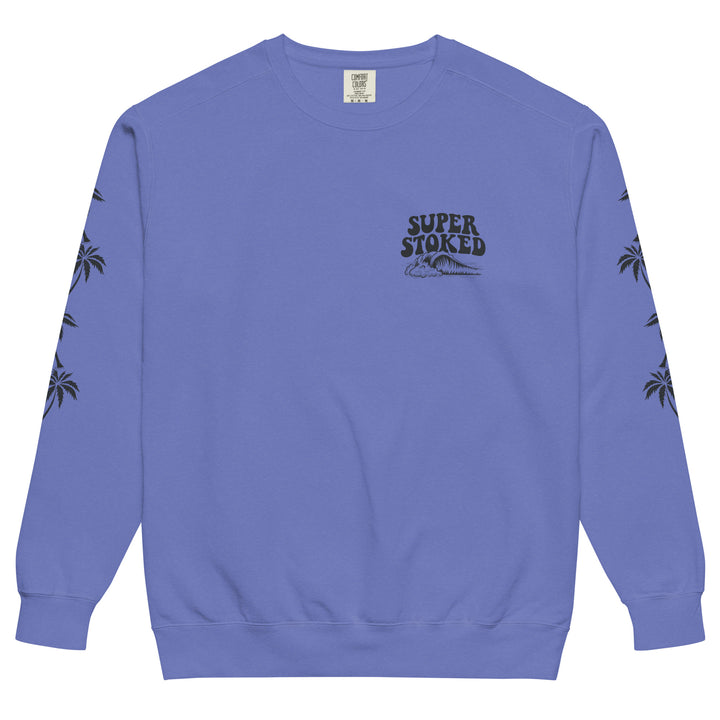 Island Peak Unisex Garment-Dyed Sweatshirt in Flo Blue, front view — Super Stoked