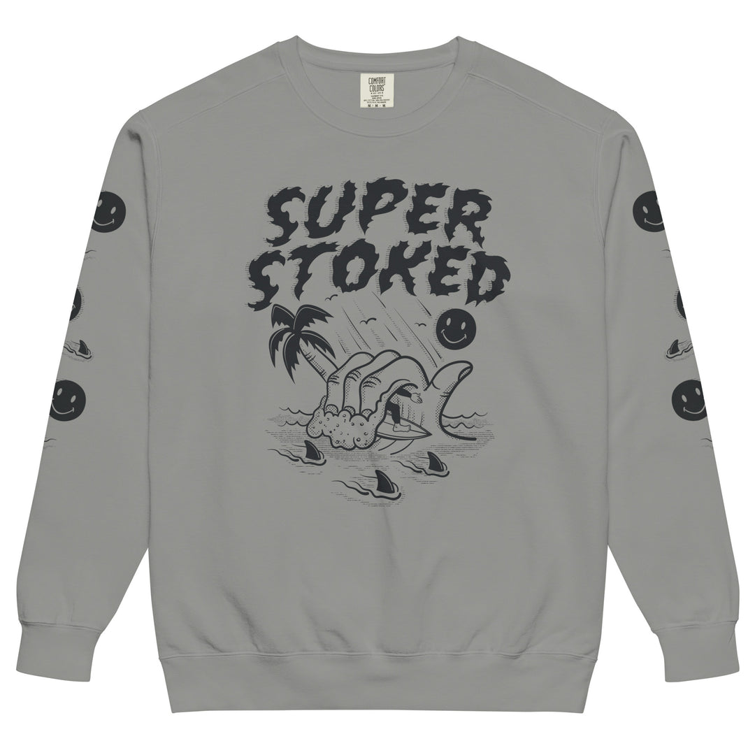 Sharker Barrel Unisex Garment-Dyed Sweatshirt in Grey, front view — Super Stoked