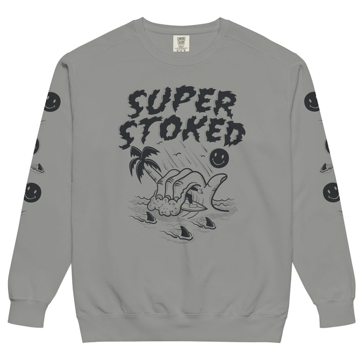 Sharker Barrel Unisex Garment-Dyed Sweatshirt in Grey, front view — Super Stoked