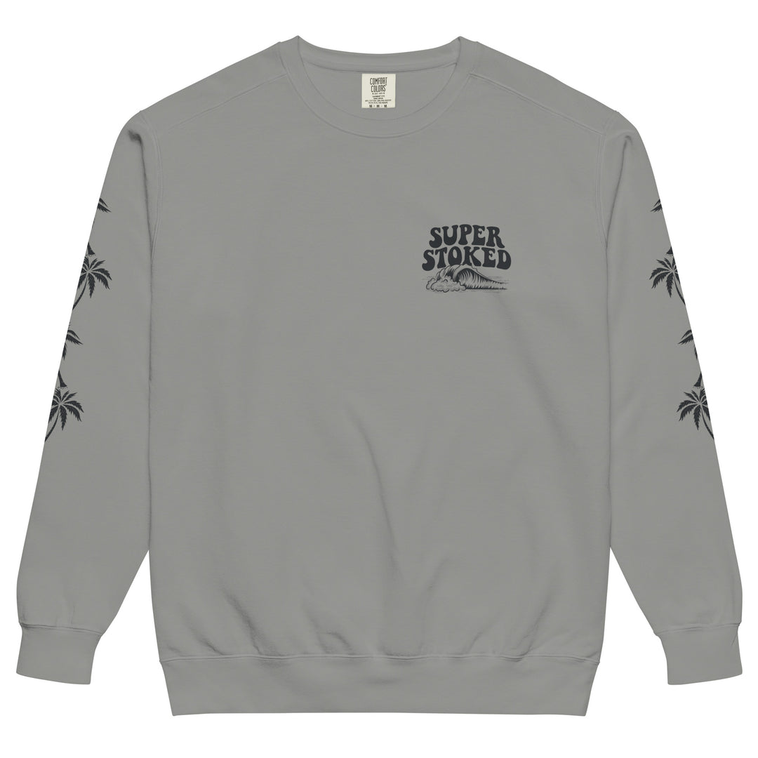 Island Peak Unisex Garment-Dyed Sweatshirt in Grey, front view — Super Stoked