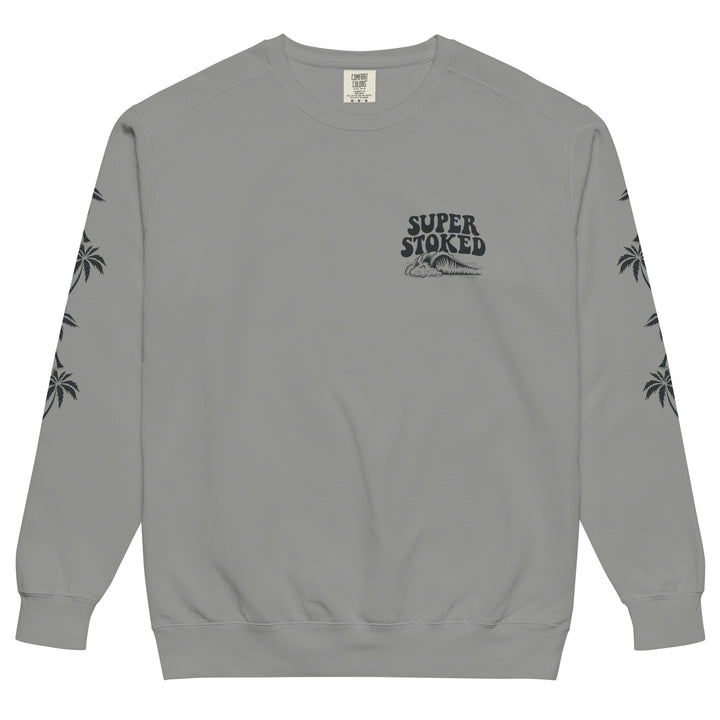 Island Peak Unisex Garment-Dyed Sweatshirt in Grey, front view — Super Stoked
