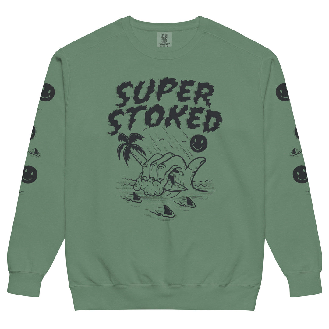 Sharker Barrel Unisex Garment-Dyed Sweatshirt in Light Green, front view — Super Stoked