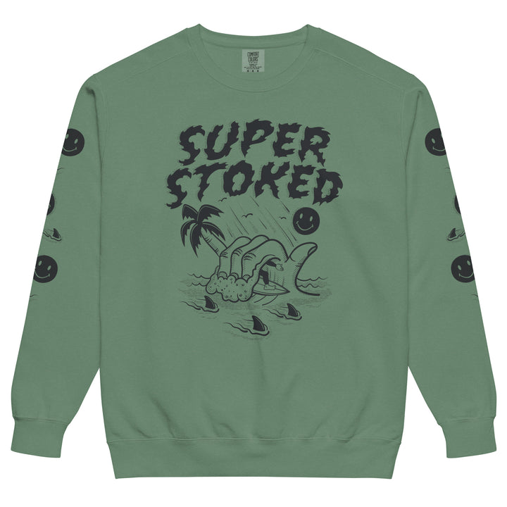 Sharker Barrel Unisex Garment-Dyed Sweatshirt in Light Green, front view — Super Stoked