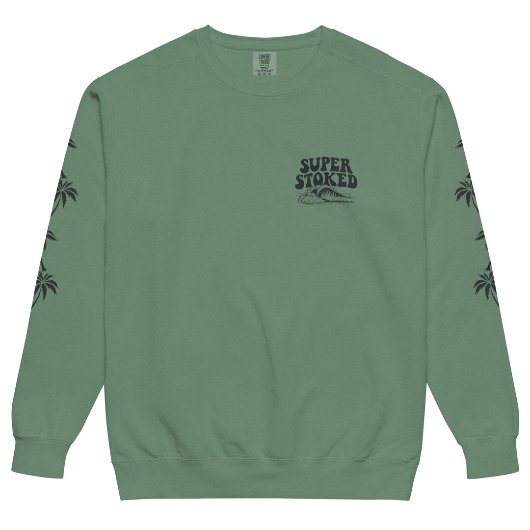 Island Peak Unisex Garment-Dyed Sweatshirt in Light Green, front view — Super Stoked