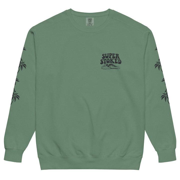 Island Peak Unisex Garment-Dyed Sweatshirt in Light Green, front view — Super Stoked
