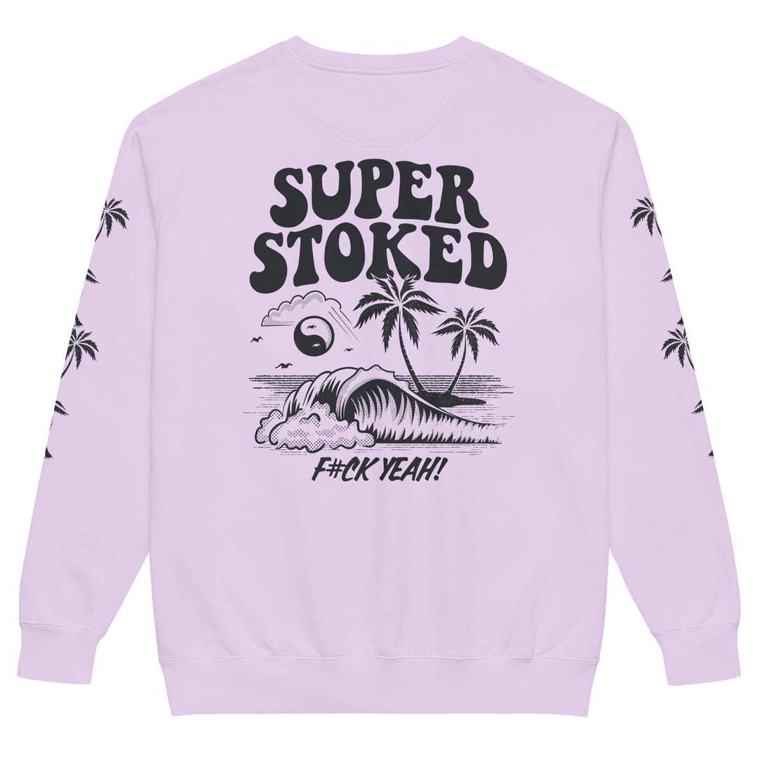 Island Peak Unisex Garment-Dyed Sweatshirt in Orchid, back view — Super Stoked