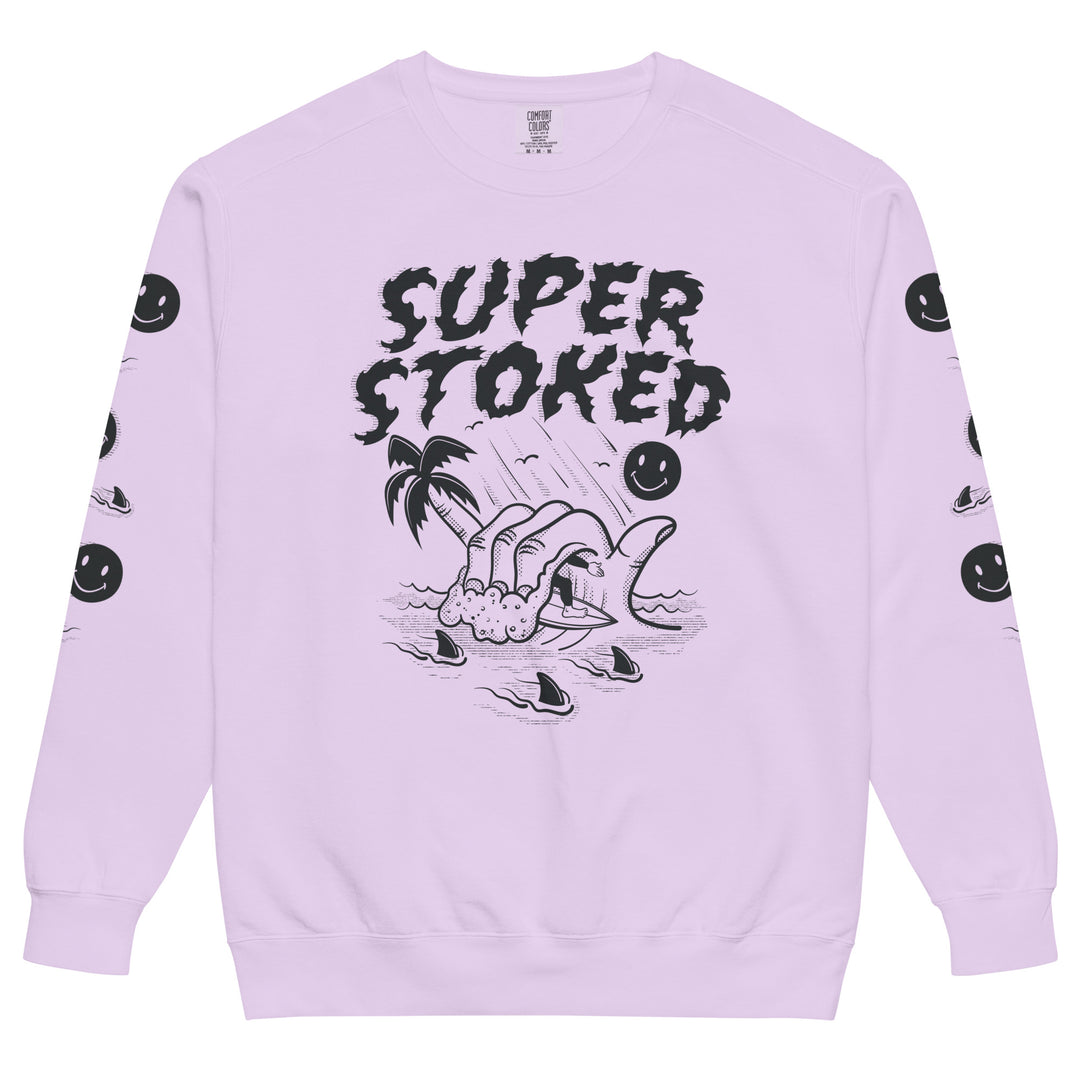 Sharker Barrel Unisex Garment-Dyed Sweatshirt in Orchid, front view — Super Stoked