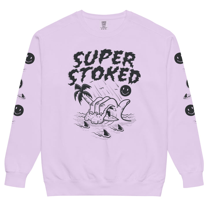 Sharker Barrel Unisex Garment-Dyed Sweatshirt in Orchid, front view — Super Stoked