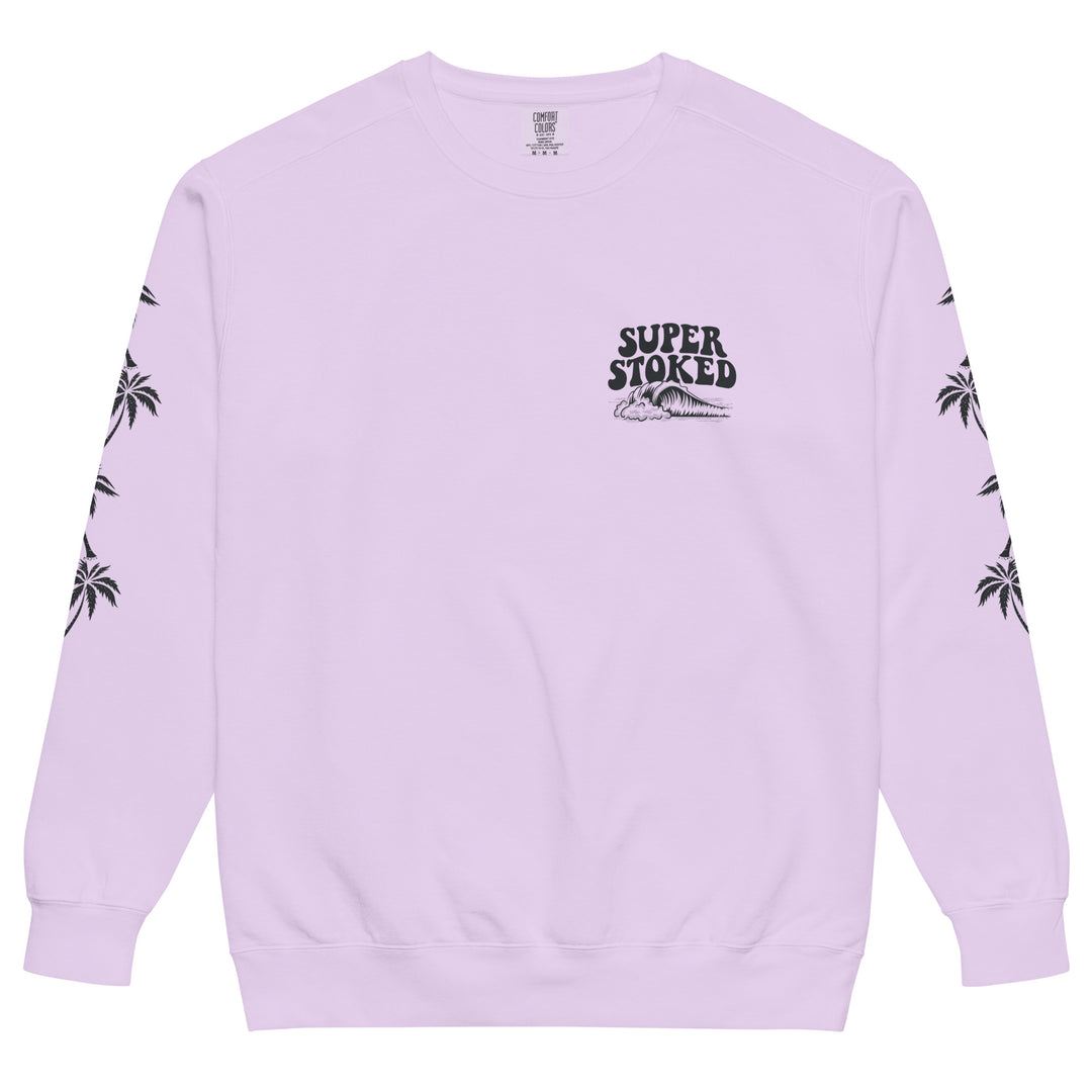 Island Peak Unisex Garment-Dyed Sweatshirt in Orchid, front view — Super Stoked