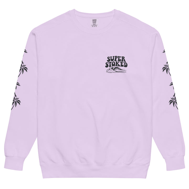 Island Peak Unisex Garment-Dyed Sweatshirt in Orchid, front view — Super Stoked
