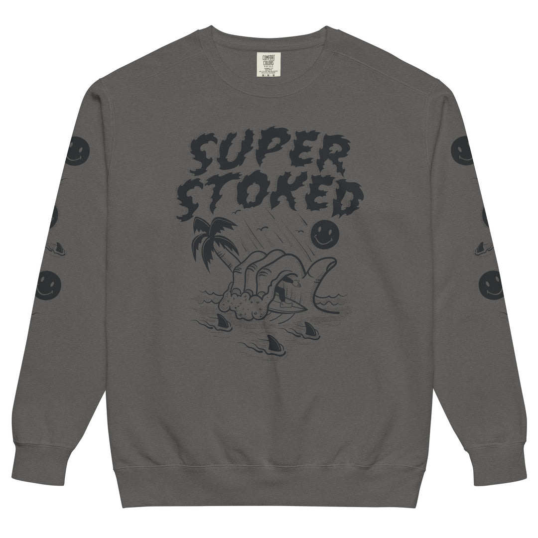 Sharker Barrel Unisex Garment-Dyed Sweatshirt in Pepper, front view — Super Stoked