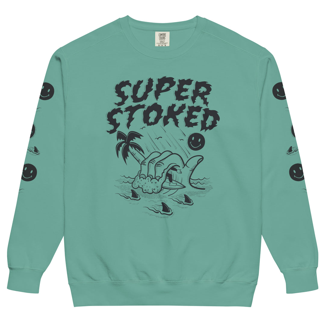 Sharker Barrel Unisex Garment-Dyed Sweatshirt in Seafoam, front view — Super Stoked