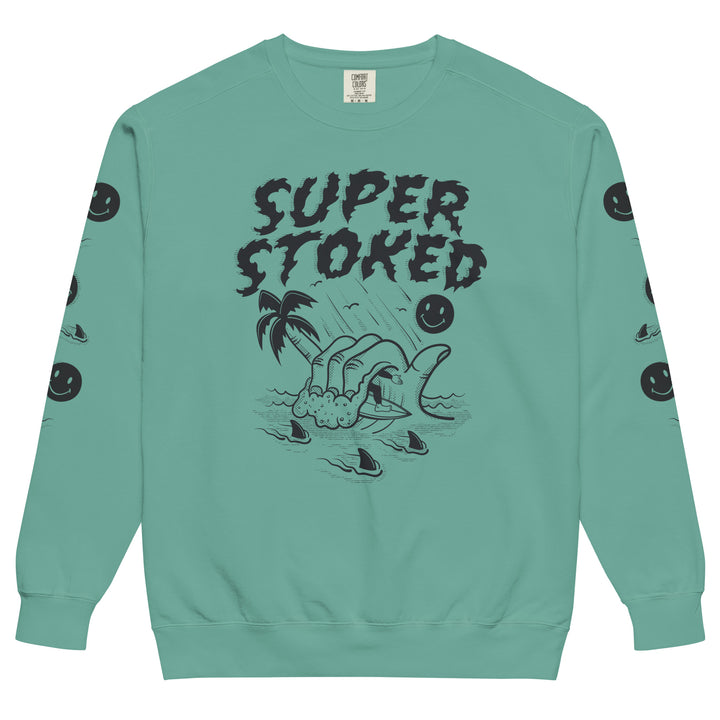 Sharker Barrel Unisex Garment-Dyed Sweatshirt in Seafoam, front view — Super Stoked