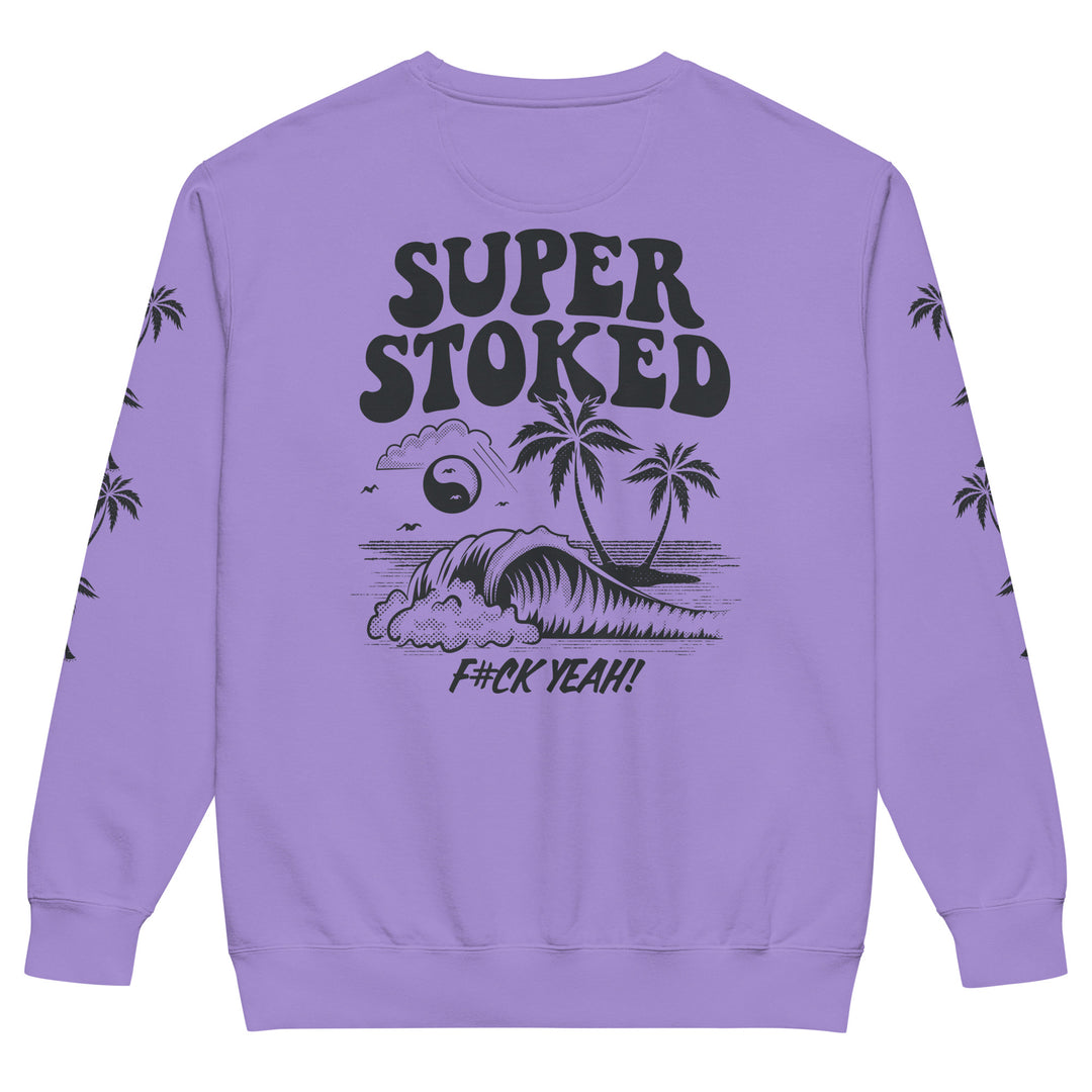 Island Peak Unisex Garment-Dyed Sweatshirt in Violet, back view — Super Stoked