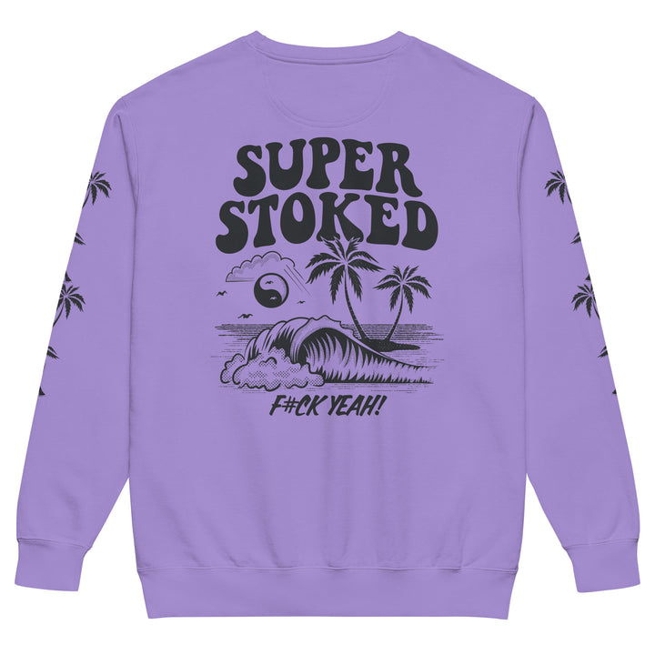 Island Peak Unisex Garment-Dyed Sweatshirt in Violet, back view — Super Stoked