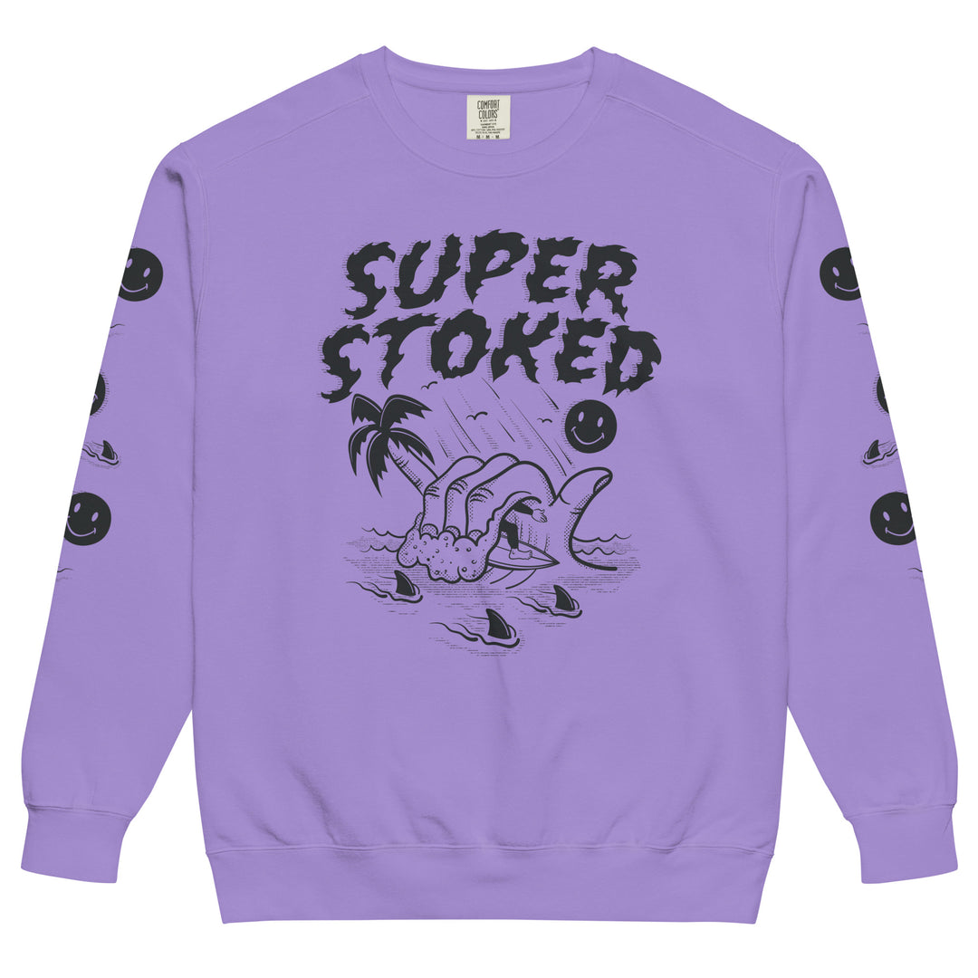 Sharker Barrel Unisex Garment-Dyed Sweatshirt in Violet, front view — Super Stoked