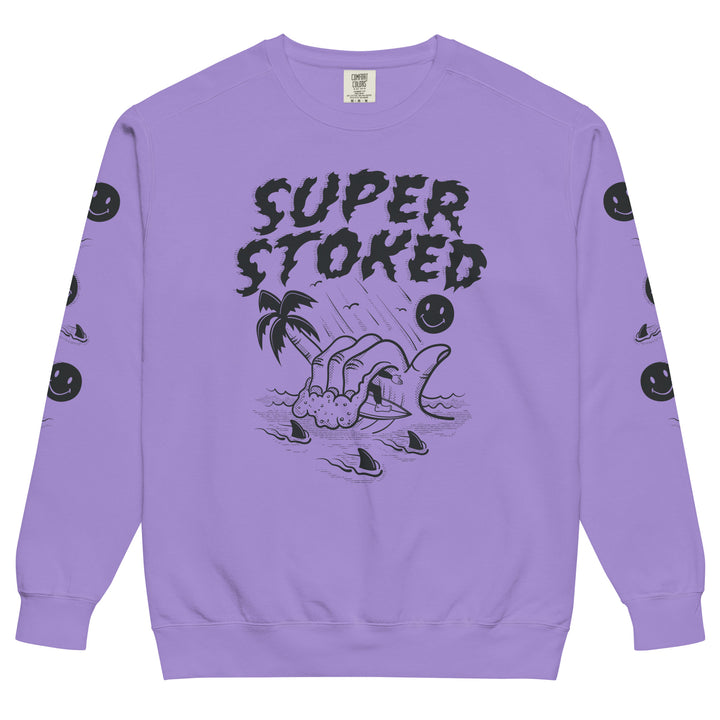 Sharker Barrel Unisex Garment-Dyed Sweatshirt in Violet, front view — Super Stoked