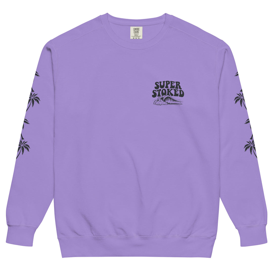 Island Peak Unisex Garment-Dyed Sweatshirt in Violet, front view — Super Stoked
