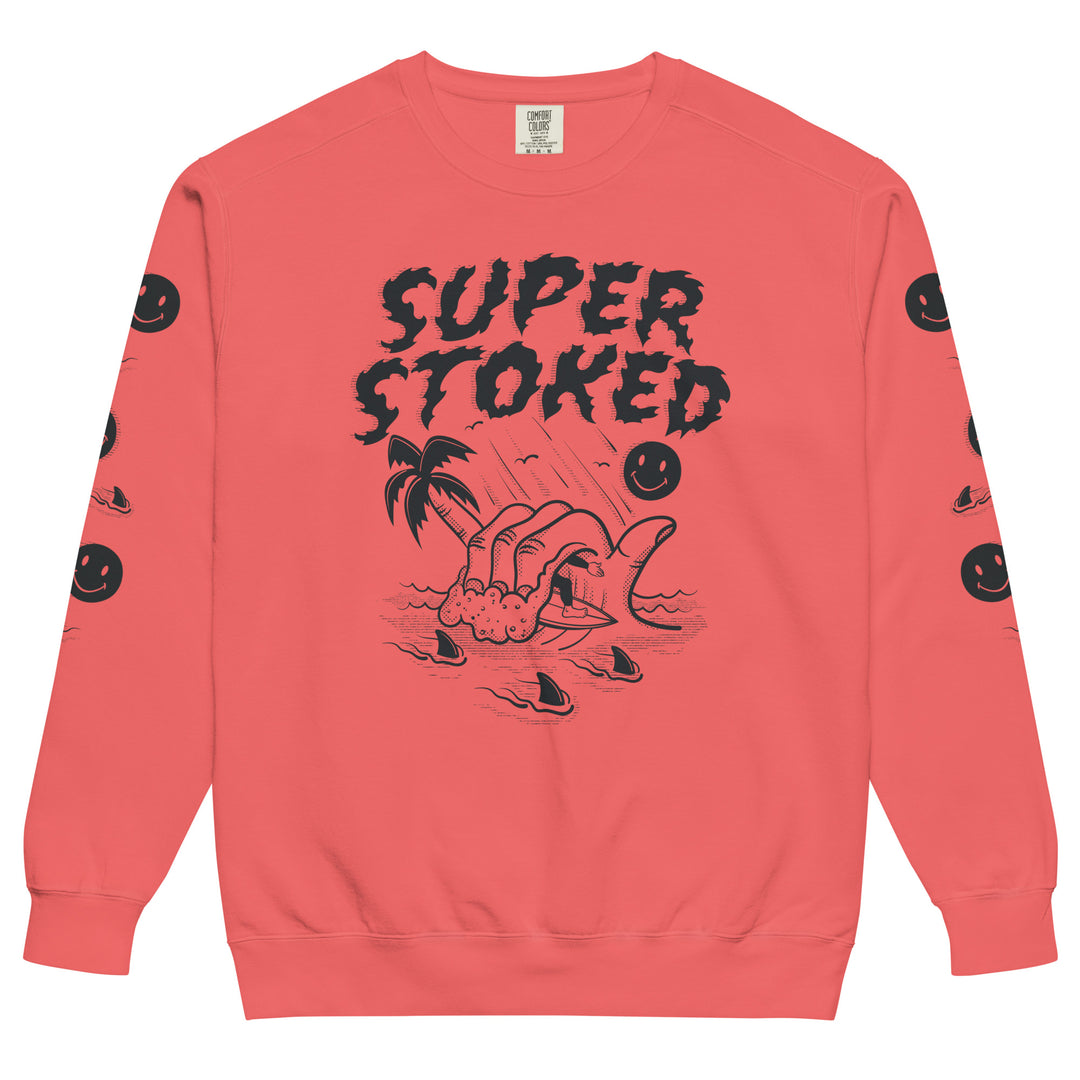 Sharker Barrel Unisex Garment-Dyed Sweatshirt in Watermelon, front view — Super Stoked