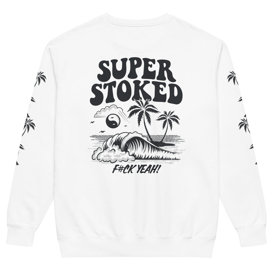 Island Peak Unisex Garment-Dyed Sweatshirt in White, back view — Super Stoked