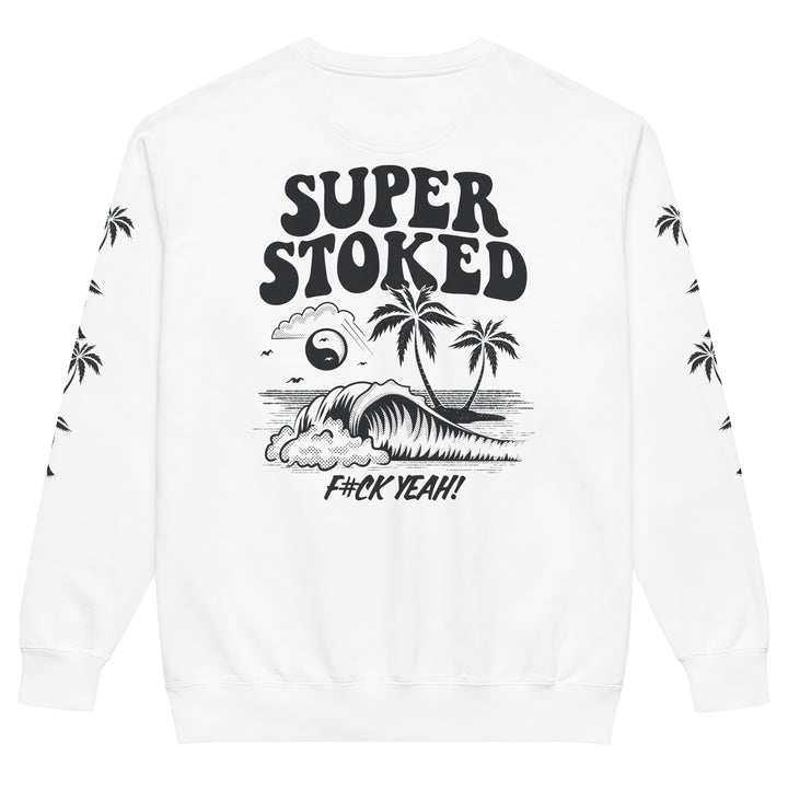 Island Peak Unisex Garment-Dyed Sweatshirt in White, back view — Super Stoked