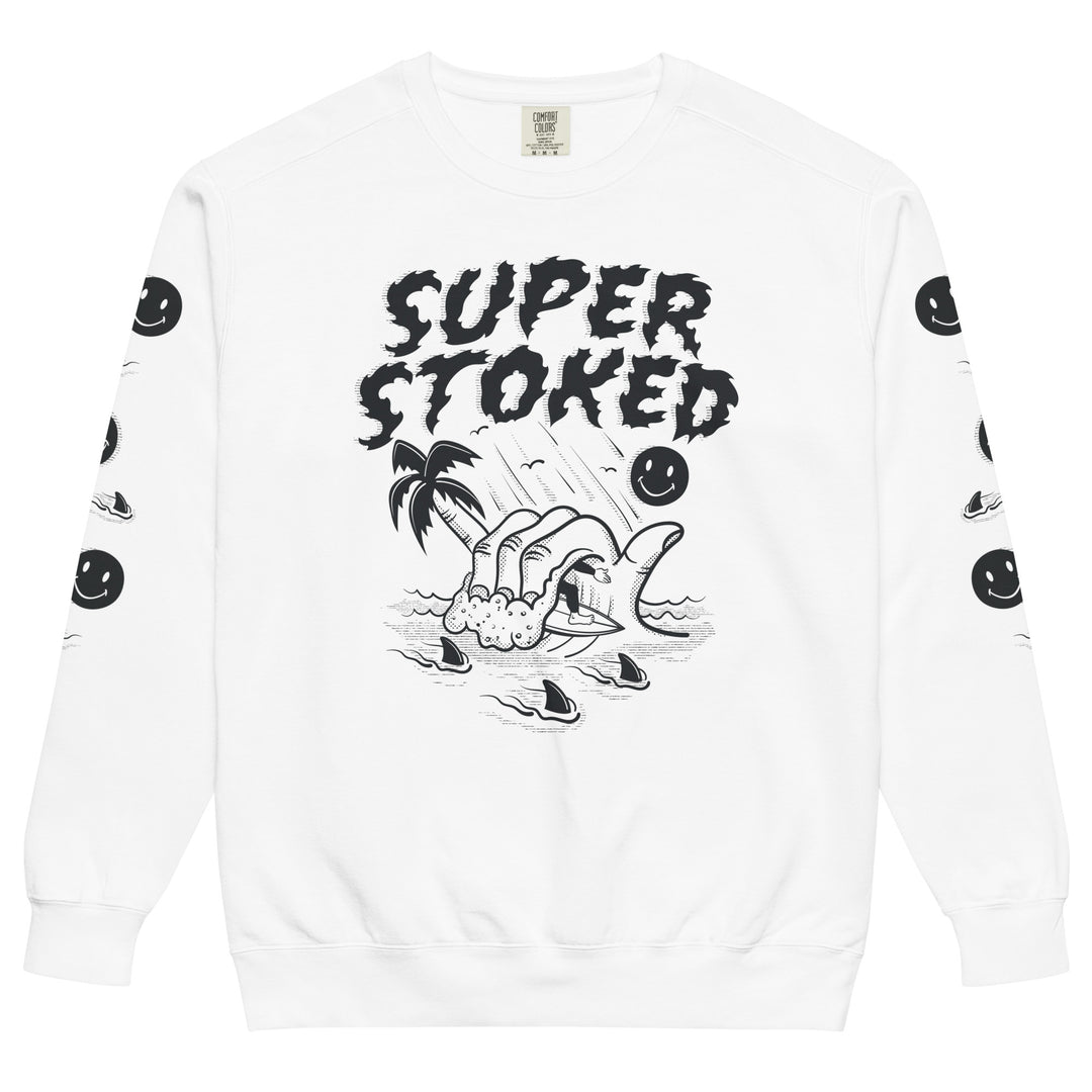 Sharker Barrel Unisex Garment-Dyed Sweatshirt in White, front view — Super Stoked