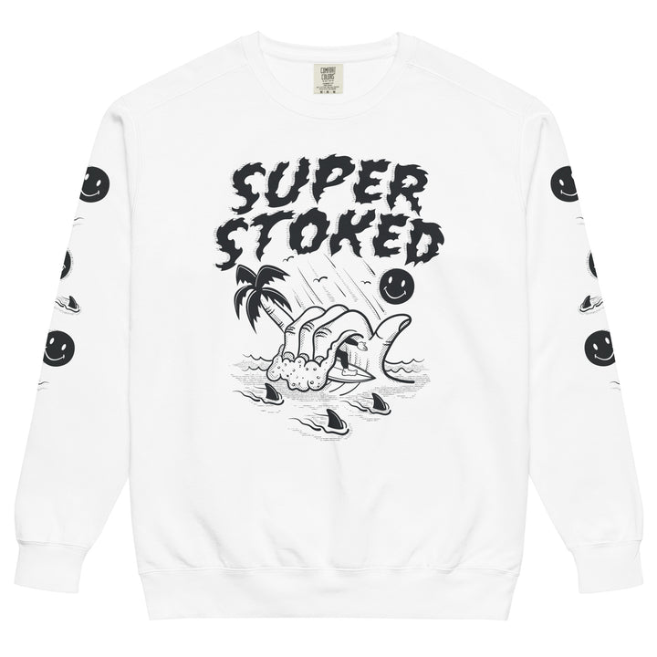 Sharker Barrel Unisex Garment-Dyed Sweatshirt in White, front view — Super Stoked