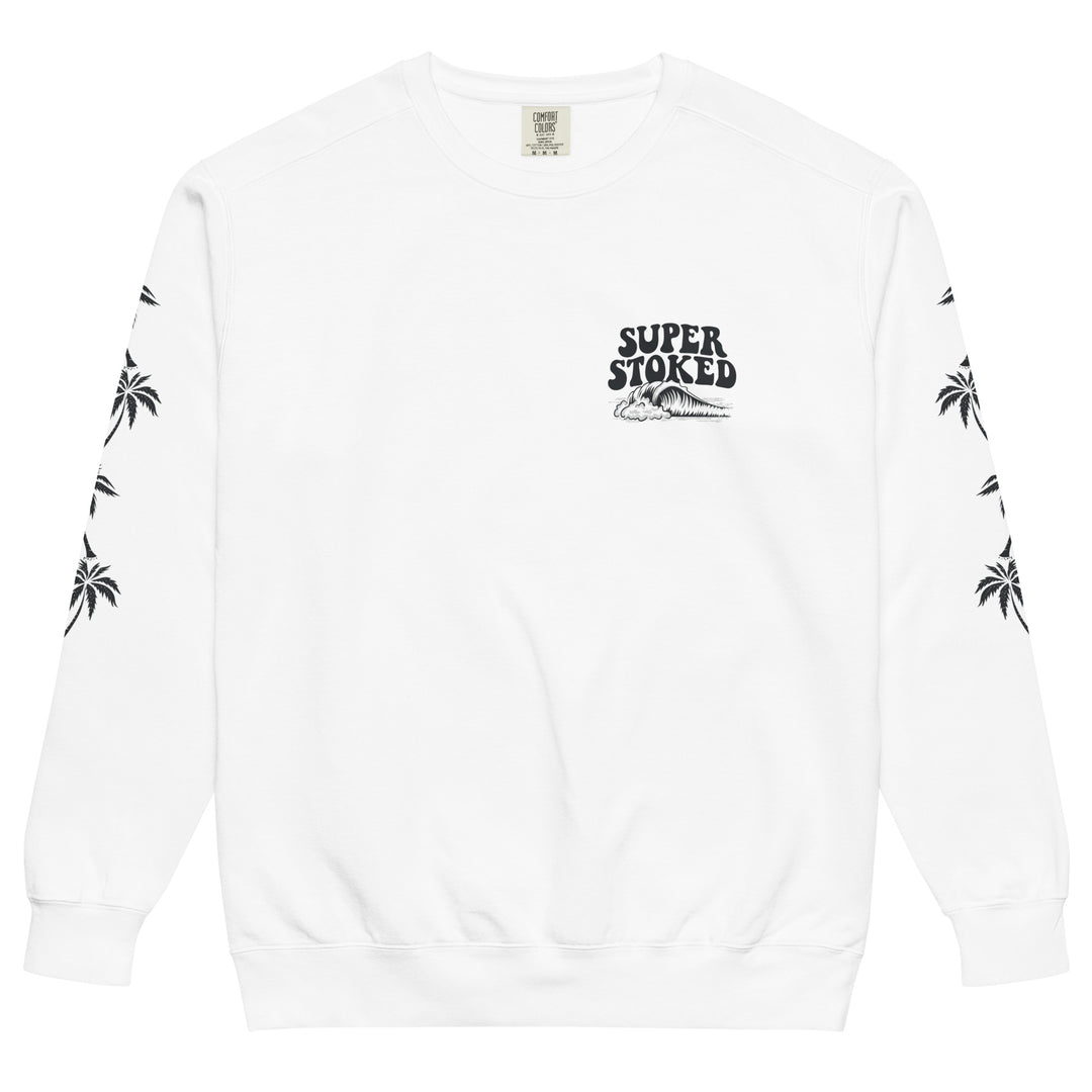 Island Peak Unisex Garment-Dyed Sweatshirt in White, front view — Super Stoked