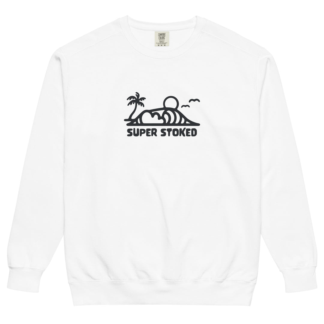Dream Lines Unisex Garment-Dyed Sweatshirt in White, front view — Super Stoked