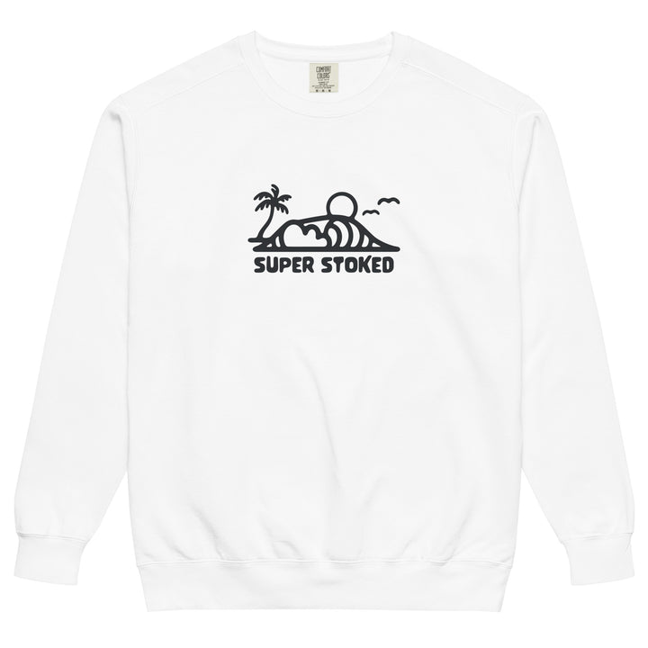Dream Lines Unisex Garment-Dyed Sweatshirt in White, front view — Super Stoked