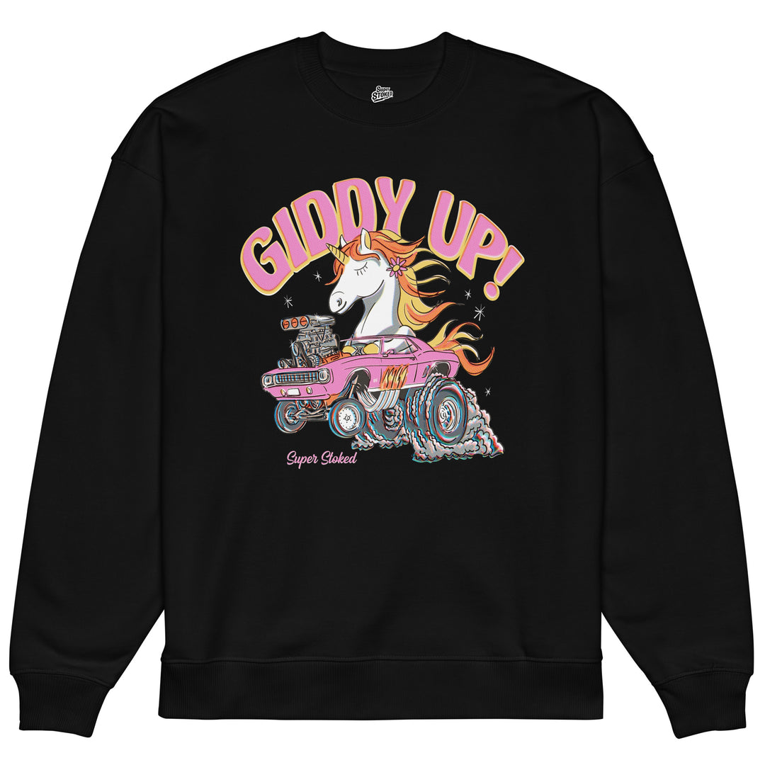 Giddy Up Unisex Organic Oversized Sweatshirt in Black, front view — Super Stoked