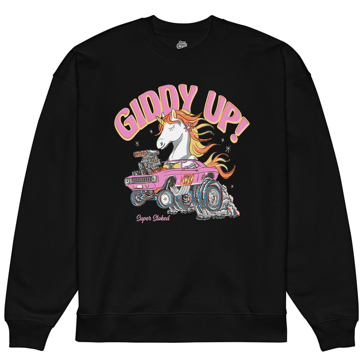 Giddy Up Unisex Organic Oversized Sweatshirt in Black, front view — Super Stoked
