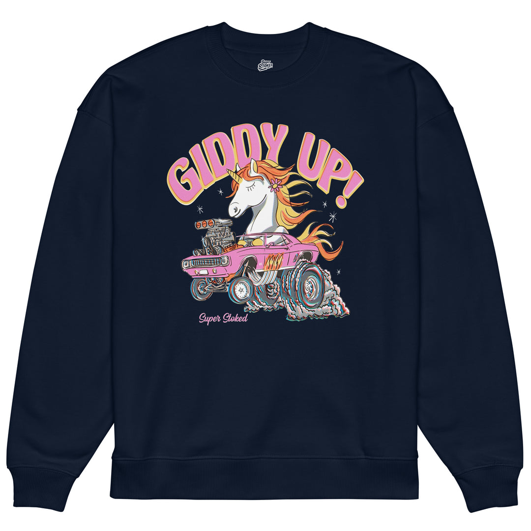 Giddy Up Unisex Organic Oversized Sweatshirt in French Navy, front view — Super Stoked
