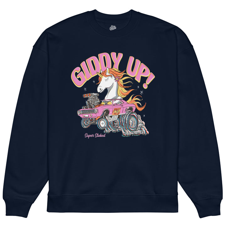 Giddy Up Unisex Organic Oversized Sweatshirt in French Navy, front view — Super Stoked