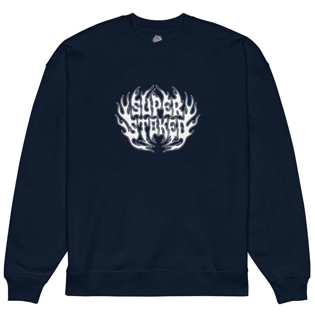 Hellfire Unisex Organic Oversized Sweatshirt in French Navy, front view — Super Stoked