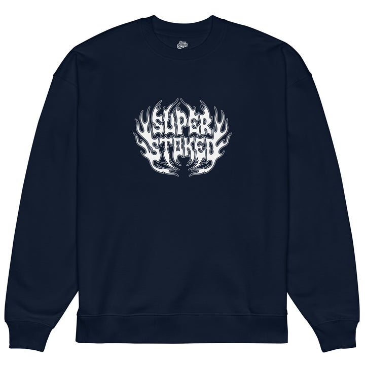 Hellfire Unisex Organic Oversized Sweatshirt in French Navy, front view — Super Stoked