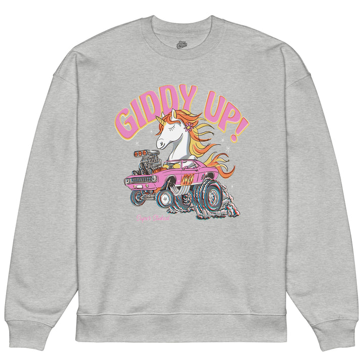 Giddy Up Unisex Organic Oversized Sweatshirt in Heather Grey, front view — Super Stoked