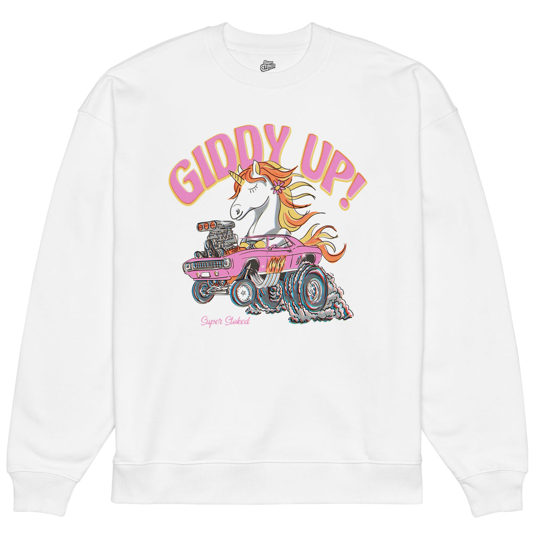 Giddy Up Unisex Organic Oversized Sweatshirt in White, front view — Super Stoked