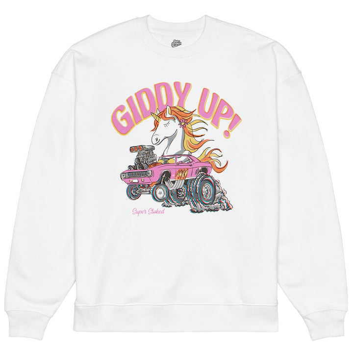 Giddy Up Unisex Organic Oversized Sweatshirt in White, front view — Super Stoked