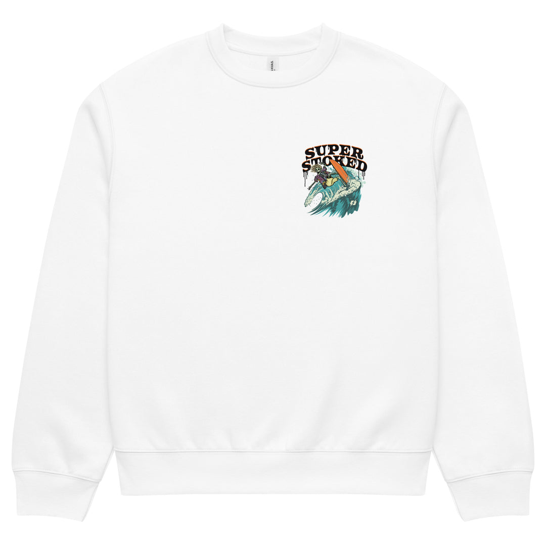 Surf &amp; Destroy Unisex Oversized Heavyweight Sweatshirt in White, front view — Super Stoked