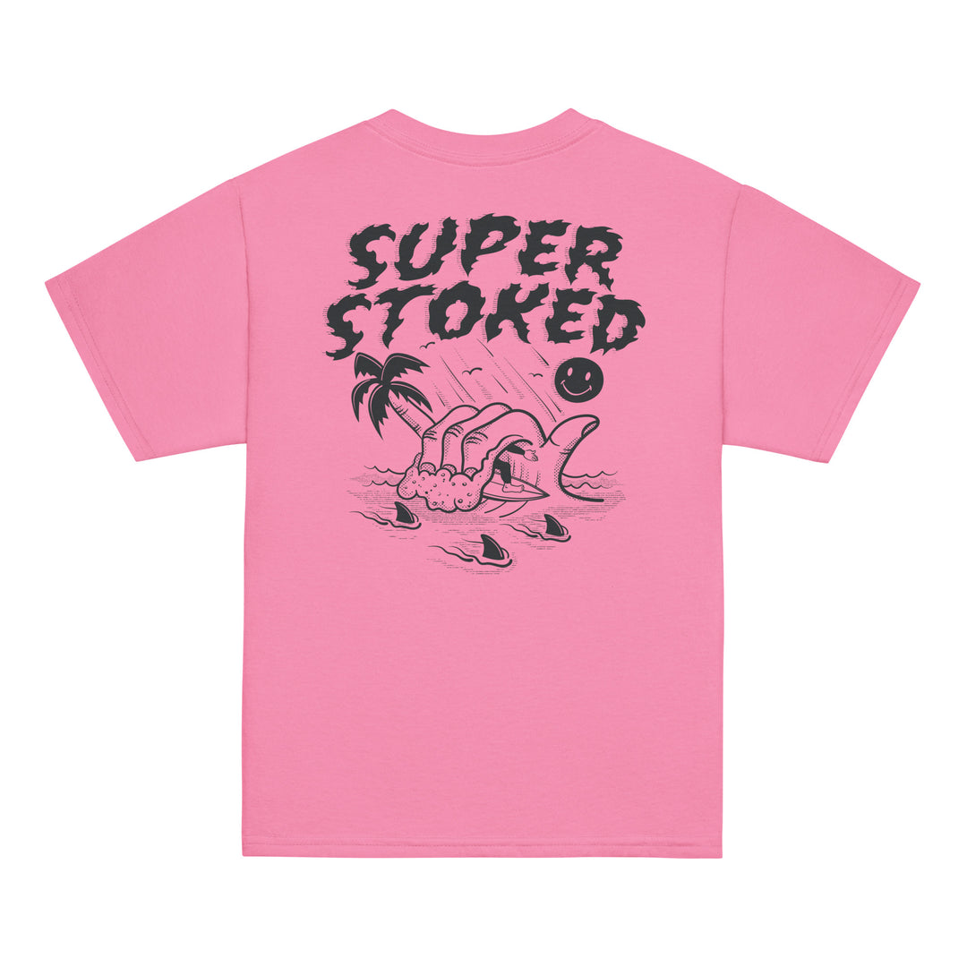 Sharker Barrel Youth Classic T-shirt in Azalea, back view — Super Stoked