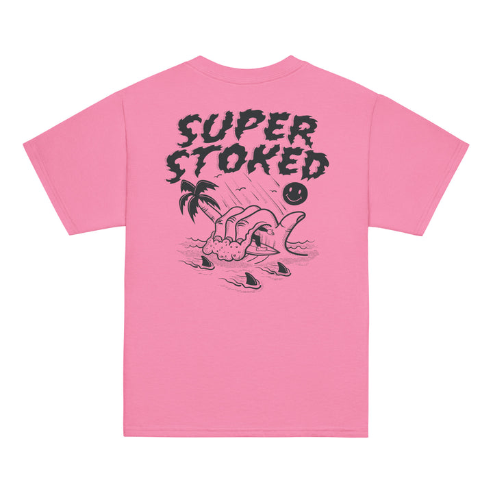 Sharker Barrel Youth Classic T-shirt in Azalea, back view — Super Stoked