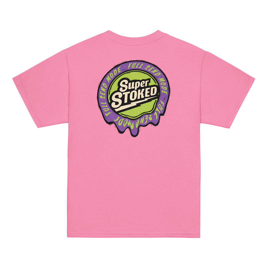 Melted Wax Youth Classic T-shirt in Azalea, back view — Super Stoked