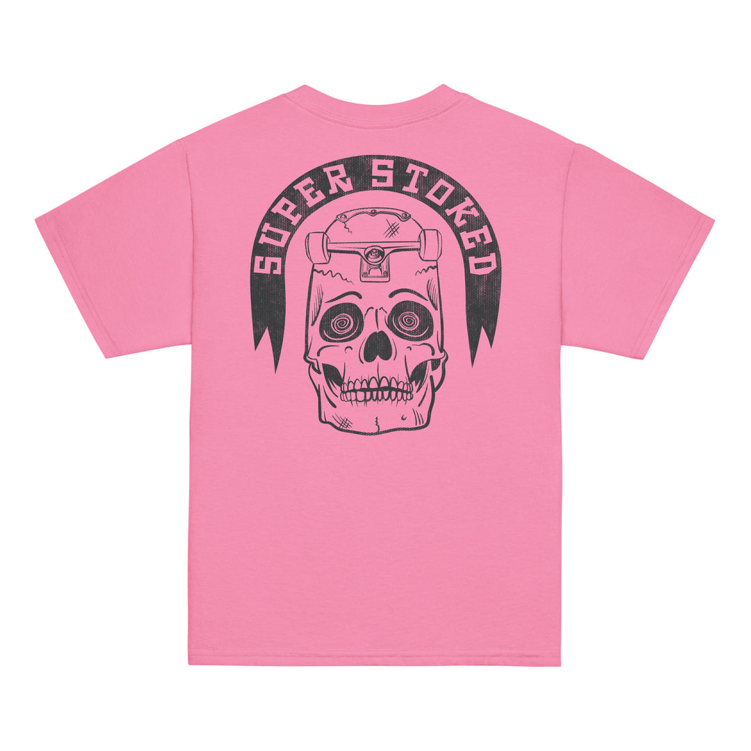 Skate or Die Youth Classic T-shirt in Azalea, back view — Super Stoked