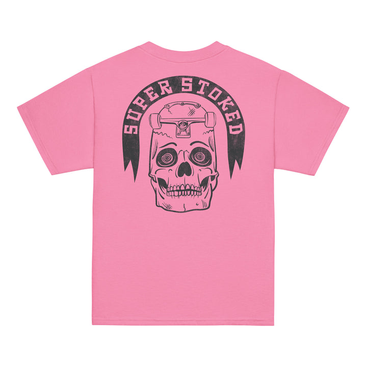 Skate or Die Youth Classic T-shirt in Azalea, back view — Super Stoked